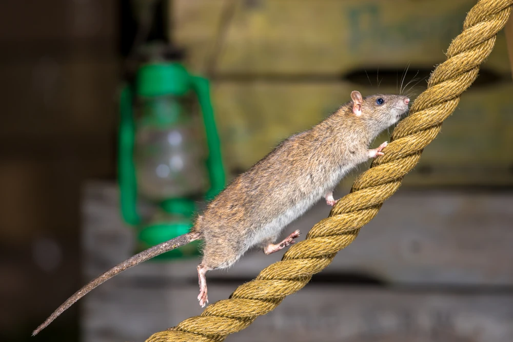 Rodent control a brown rat climbing on a rope