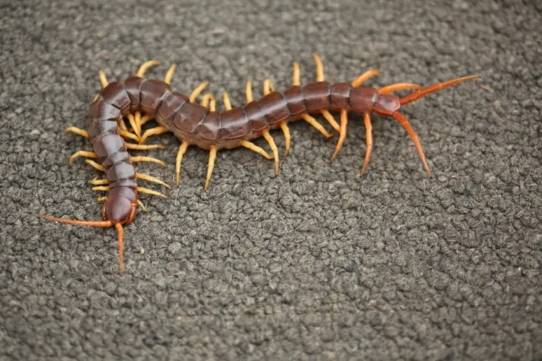 Brown centipede crawling on carpet for centipedes identification indoors
