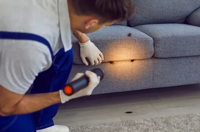 Pest control technician inspecting cockroaches hiding under a living room sofa during a cockroach infestation check.