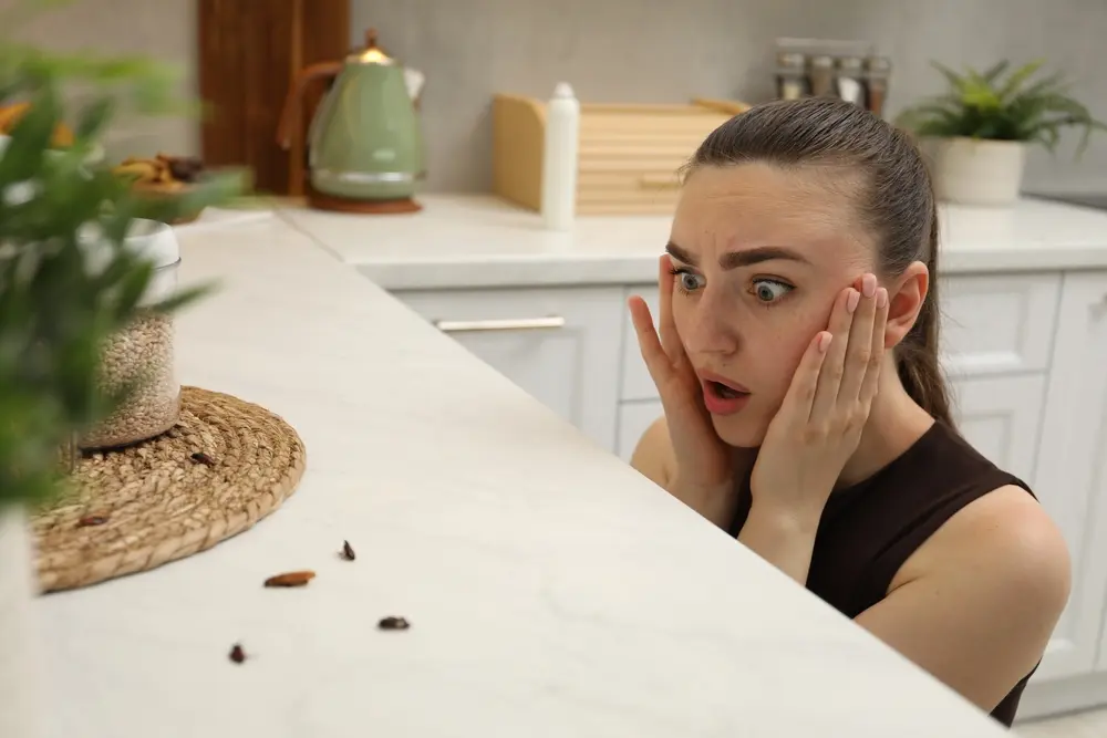 Cockroach crawling on indoor surface near food debris.