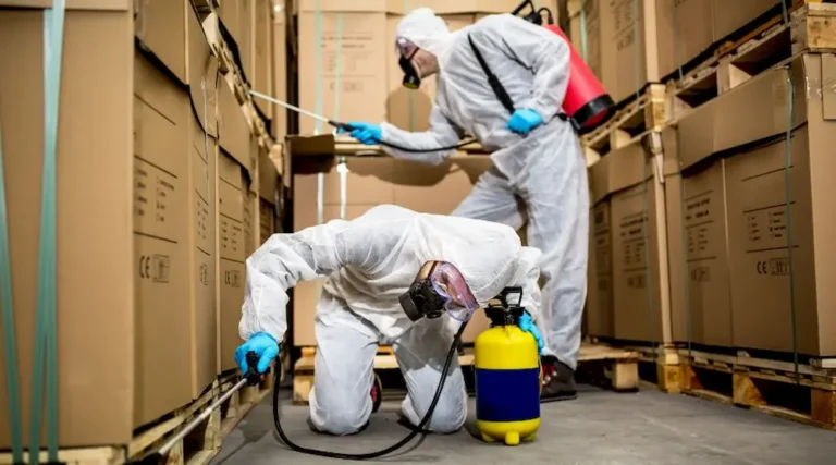 Technicians applying pest treatment in a warehouse, showing professional commercial pest control service.