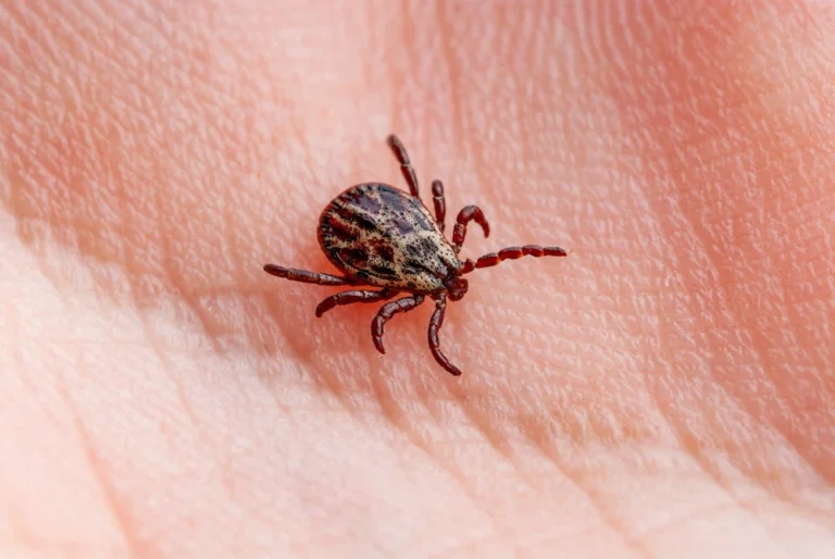 Close-up of a tick attached to human skin, showing a common ticks infestation risk.