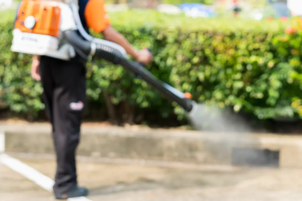 Pest control technician using a fogging machine outdoors for professional mosquito control.