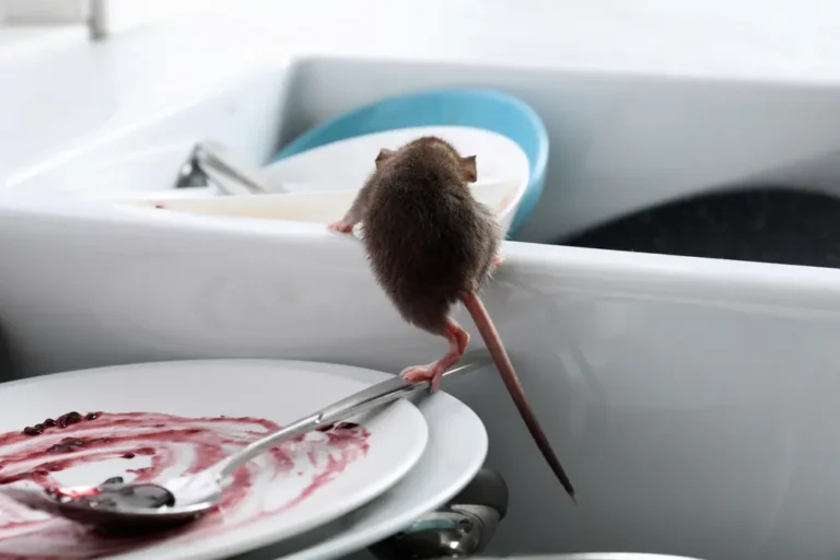 Mouse climbing near dirty dishes in a kitchen sink, showing the need for mice prevention.