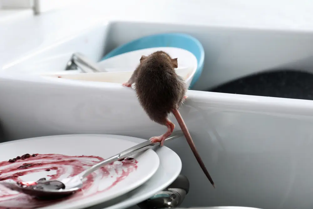 Mouse climbing near dirty dishes in a kitchen sink, showing the need for mice prevention.