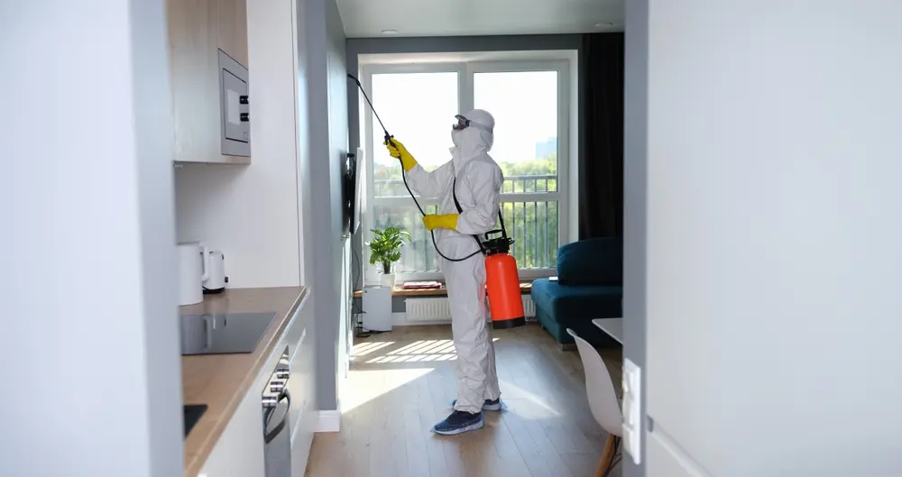 Professional performing pest control inspection near window area.
