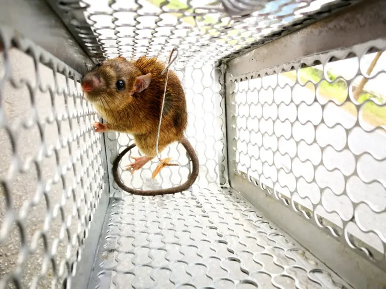 Live mouse caught inside a metal rodent control trap.