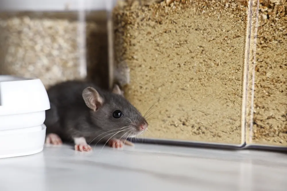 Rodent inside a home near food containers, a common sign of a rodent infestation.