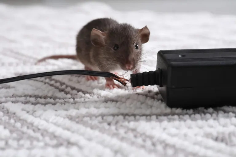 Rodent chewing electrical cord indoors showing rodents infestation risk