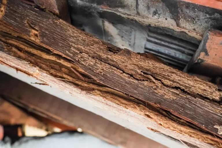 Severe termite damage on wooden beam with visible decay.