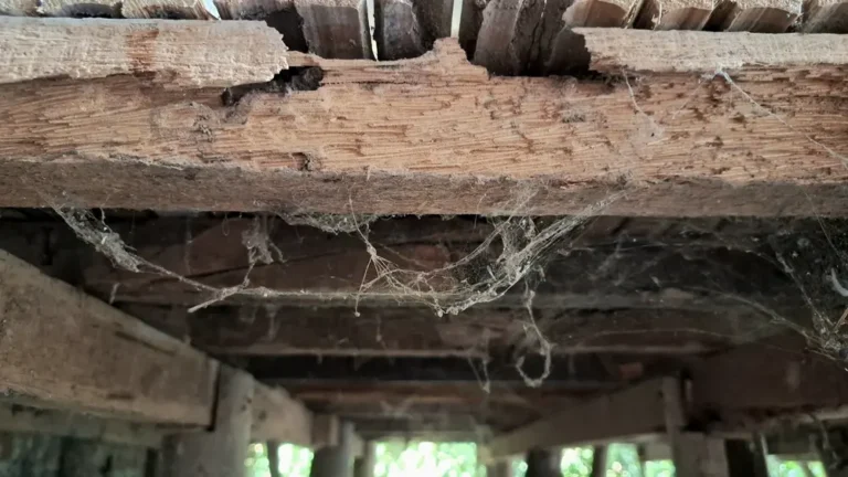 Termite damaged wooden beams with visible decay from termites infestation