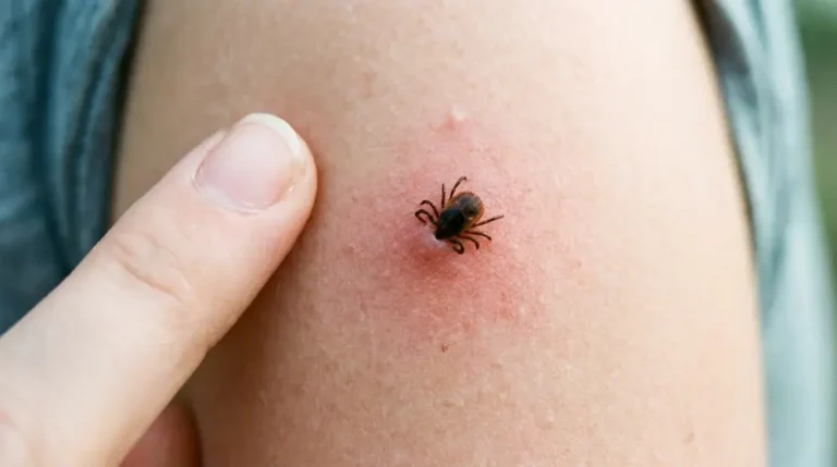 Tick attached to human skin causing redness and irritation from tick bites.
