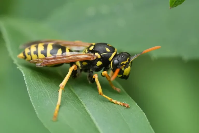 Yellow jacket wasp resting on a green leaf during summer, a common seasonal stinging pest.